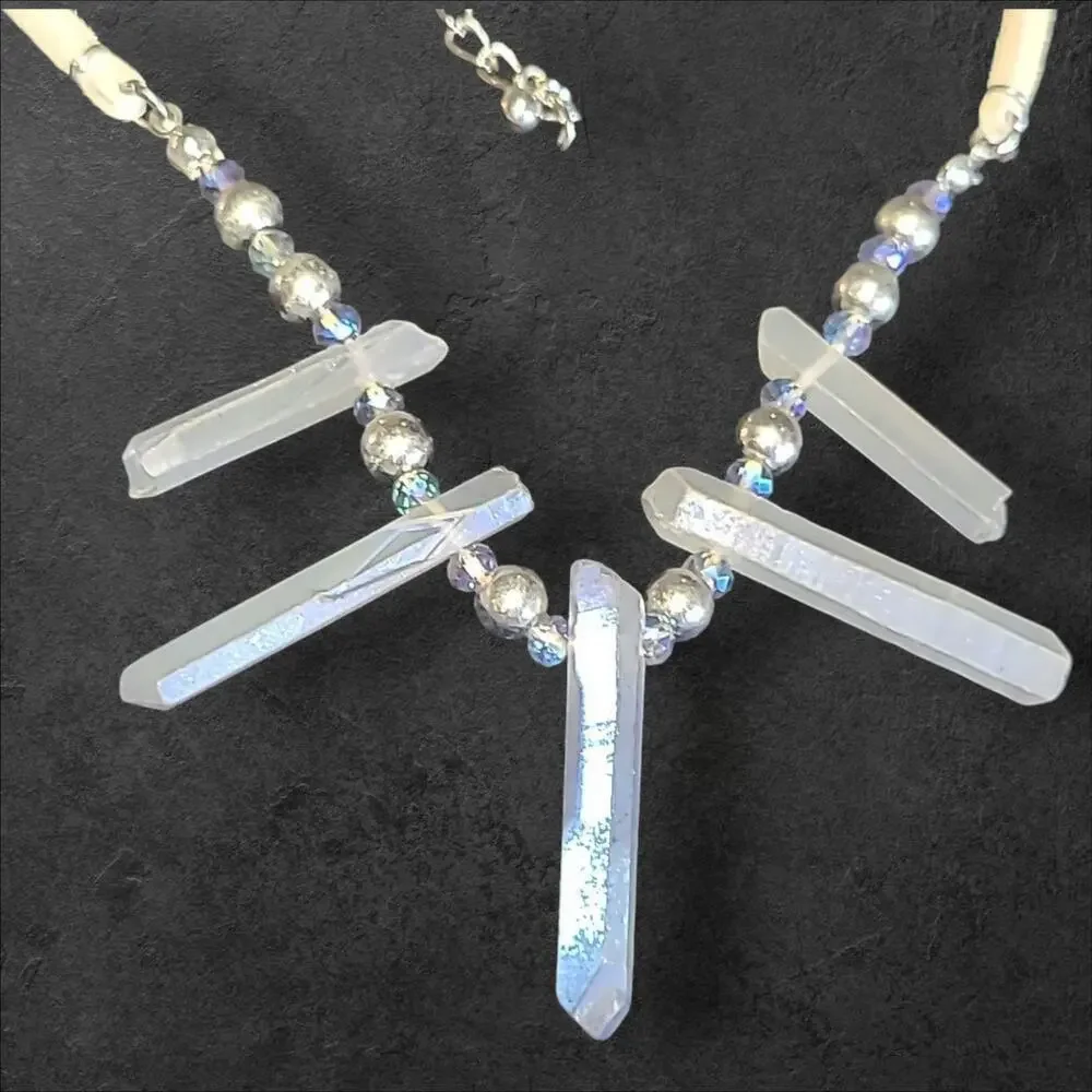 Blue Crystals Beige Faux Leather Statement Necklace 16
